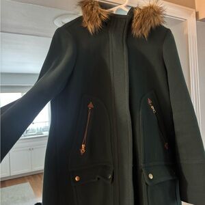 Women’s JCrew Dark Green Winter Coat with Faux Fur Trim